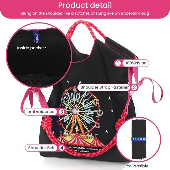 Nylon Tote Bag Embroidery Ferris Wheel Large Capacity Casual Handbag - Picture 4 of 6